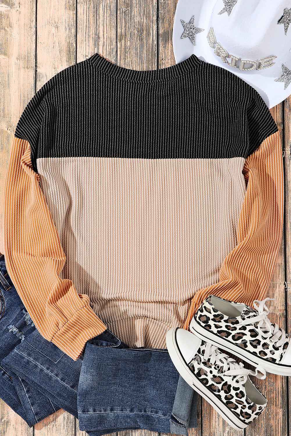 Black Color Block Long Sleeve Ribbed Loose Top