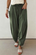 Jungle Green Drawstring Elastic Waist Patch Pocket Barrel Leg Casual Pants