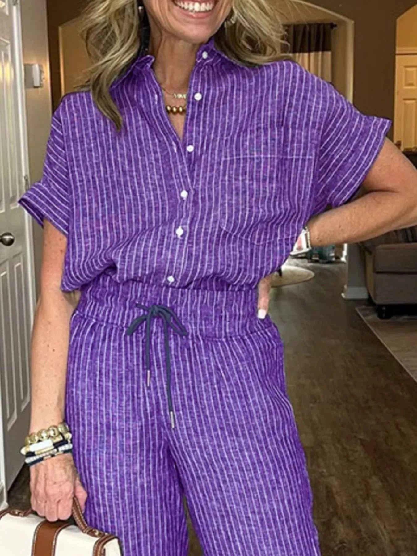 Full Size Striped Button-Up Shirt and Wide Leg Pants Casual Set Plus Size.