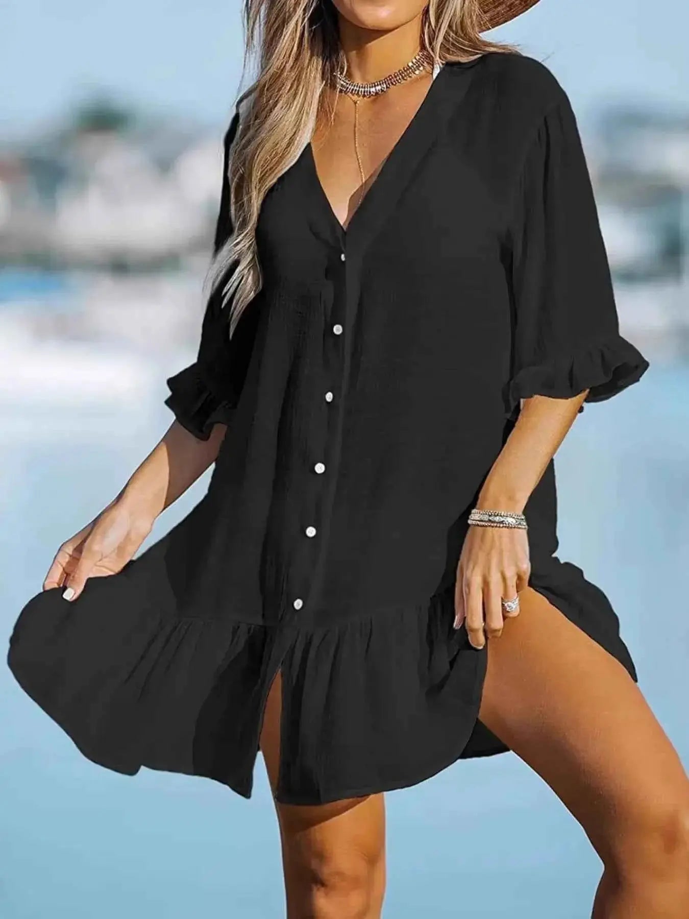 V-Neck Button Down Beach Cover Up Dress.