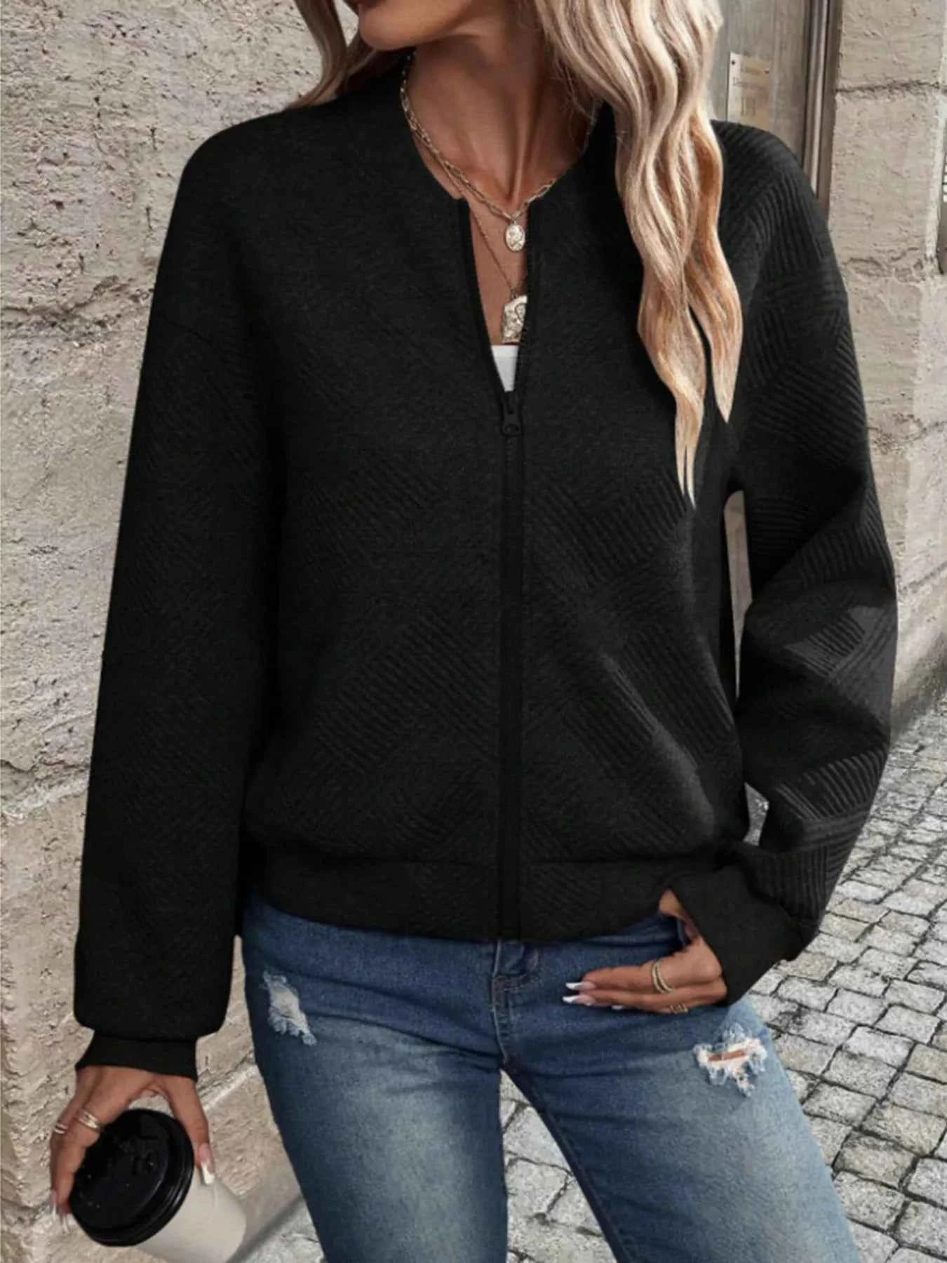 Textured Knit Zip-Up Bomber Jacket