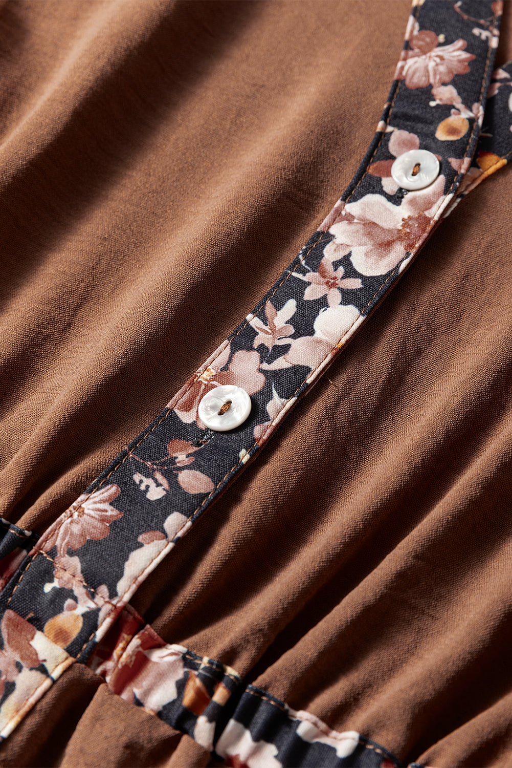 Chestnut Floral Patchwork Detail Notched Neck Long Sleeve Maxi Dress Dear-Lover Dropshipping