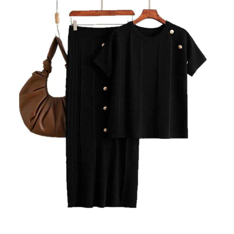 Round Neck Short Sleeve Button Decorated Top Set with Elastic Solid Color Knit Skirt Two-Piece Set