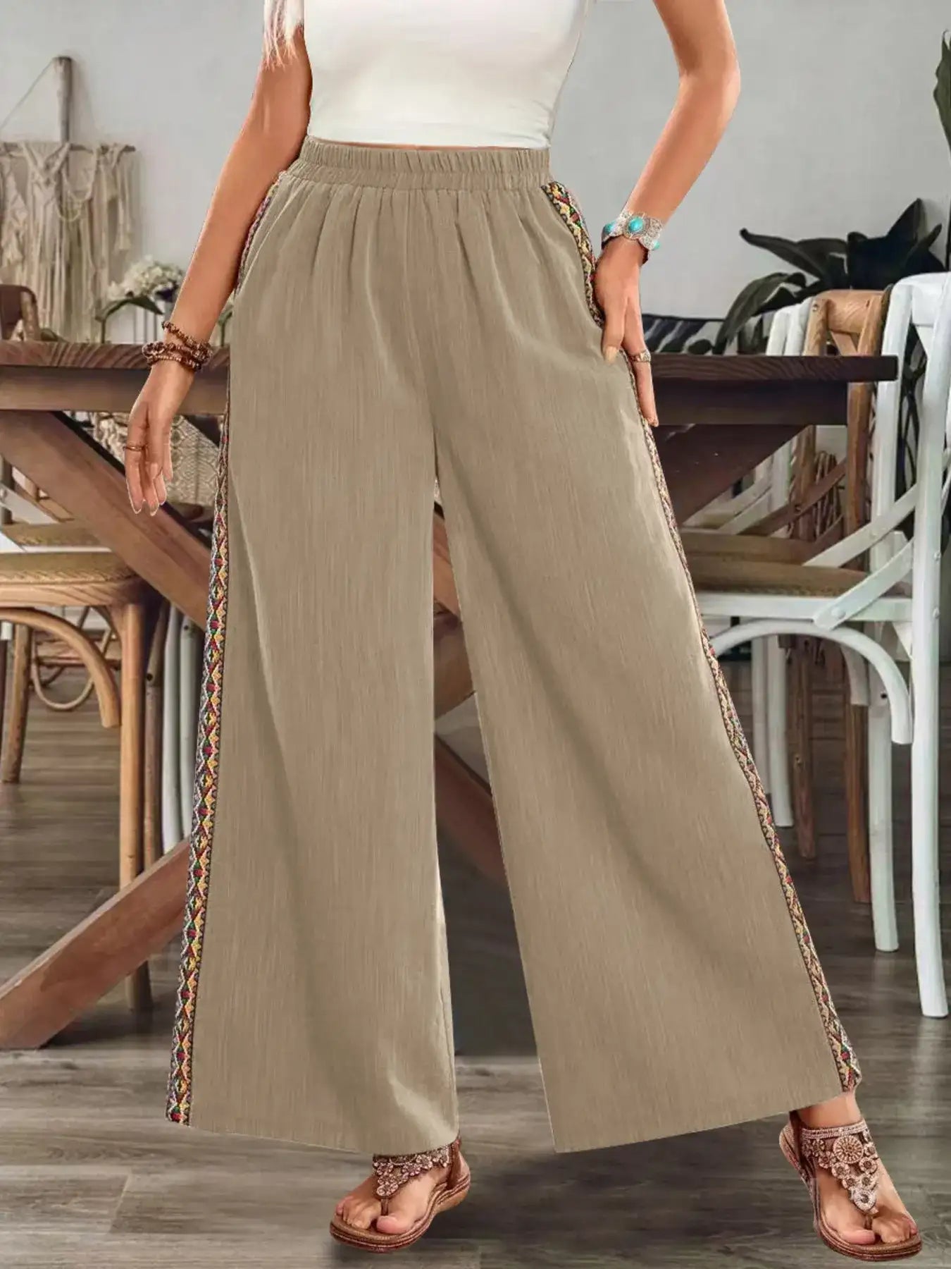 Bohemian Wide Leg Embroidered Side Stripe Pants.