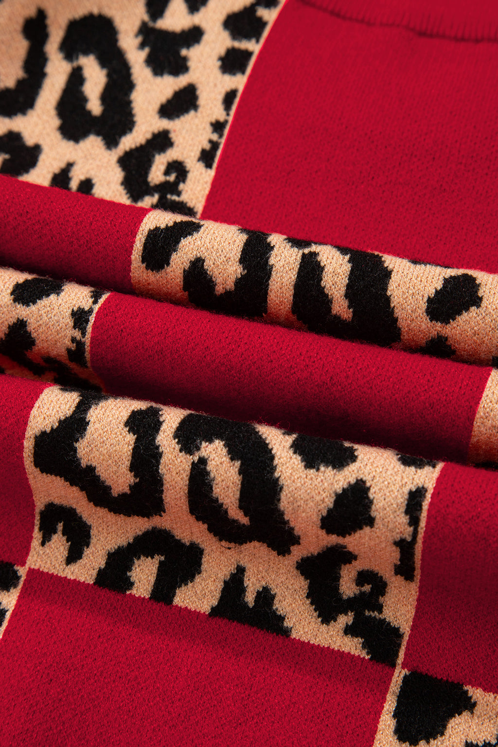Red Leopard Checkerboard Short Sleeve Knit Sweater