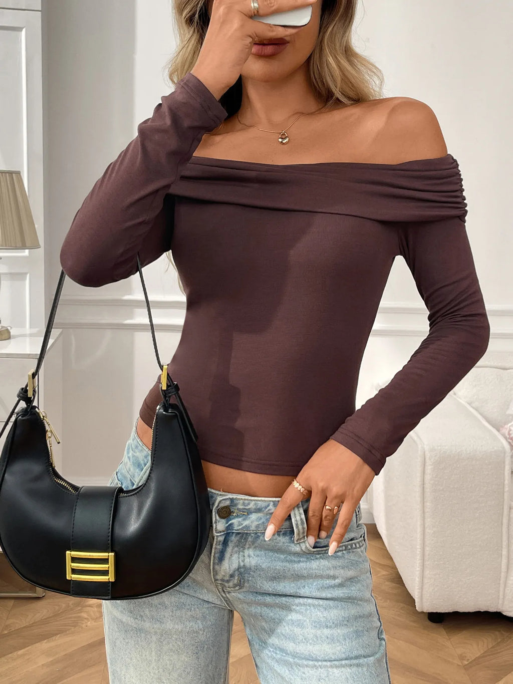 Off-Shoulder Long Sleeve Fitted T-Shirt.