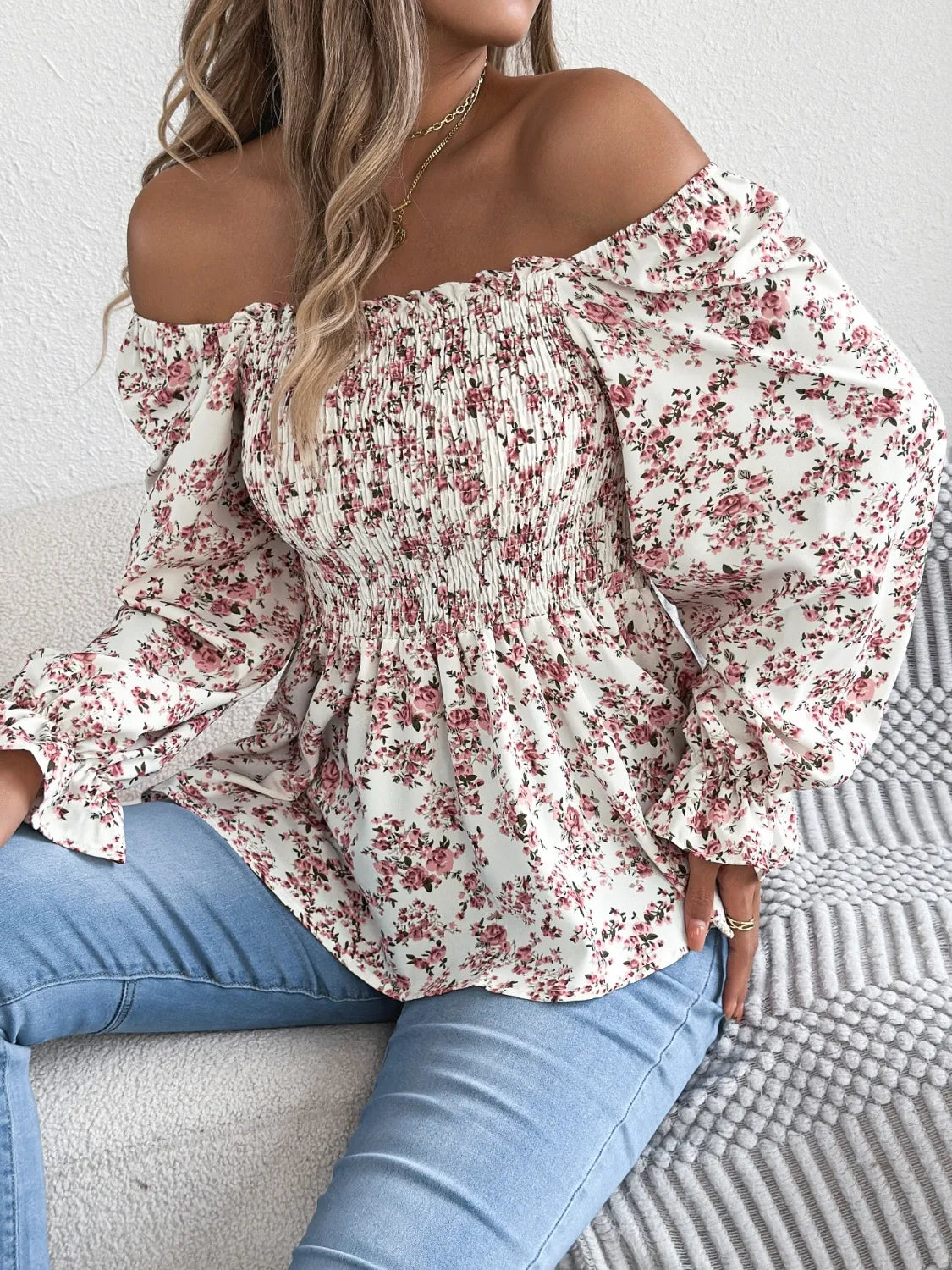 Floral Square Neck Flounce Sleeve Blouse.