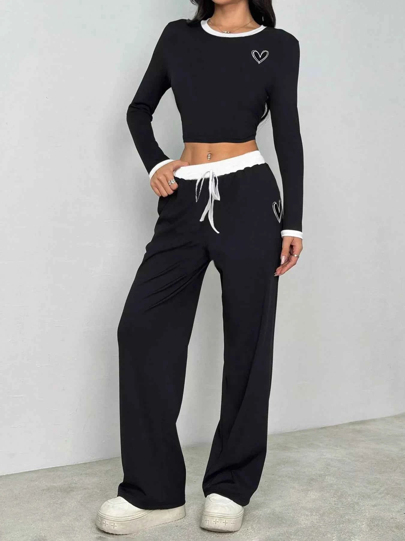 Contrast Trim Crop Top and Wide Leg Pants Set