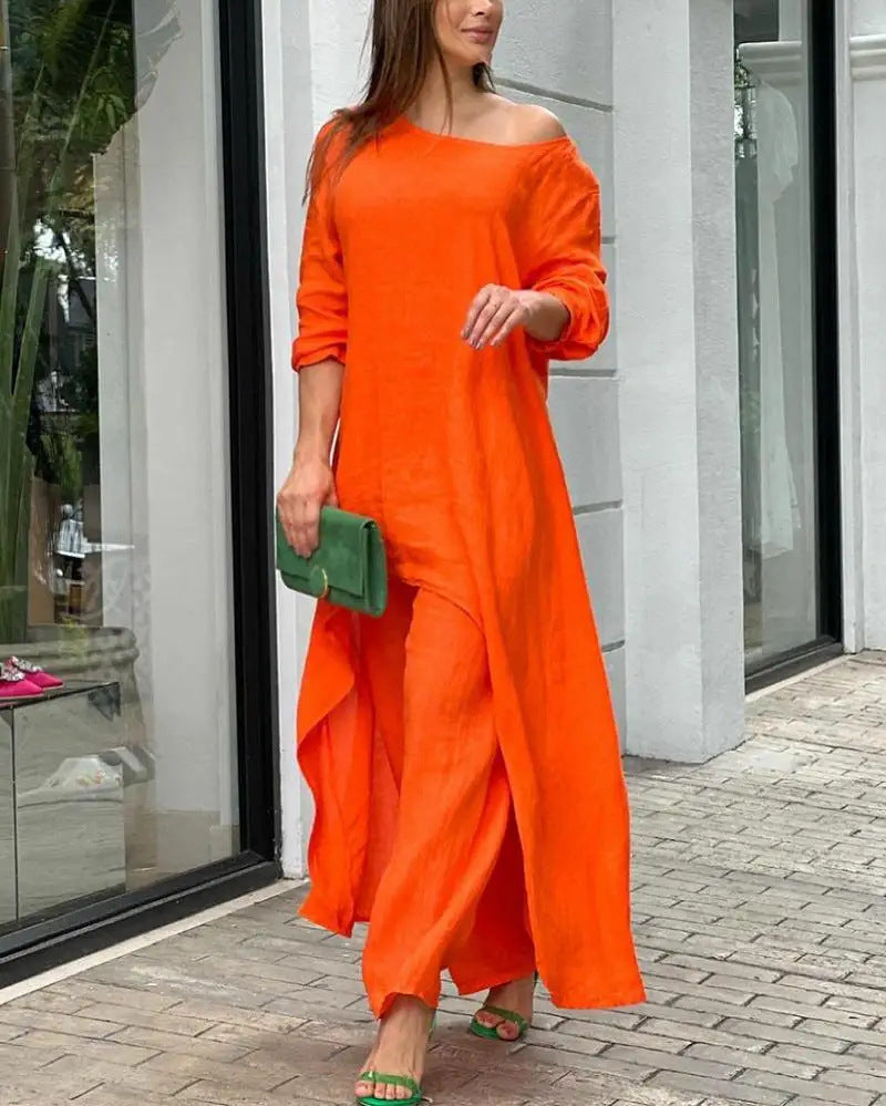 Cotton Linen Long Sleeve Irregular Hem Loose Fit Women's Two-Piece Set Top &amp; Wide-Leg Pants