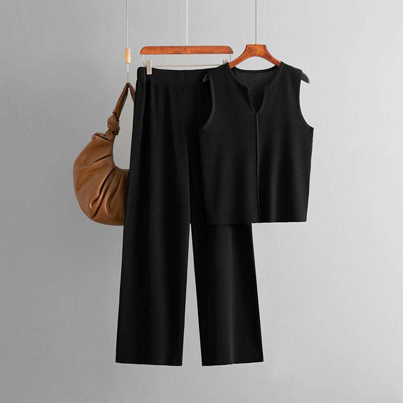 Sleeveless Knit Top Set Wide Leg Pants Two-Piece Set for Women
