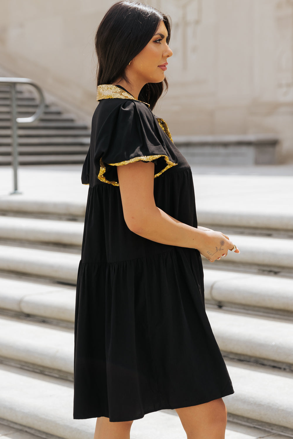 Black Sequin Trim Bubble Sleeve Game Day Shirt Dress Dear-Lover Dropshipping