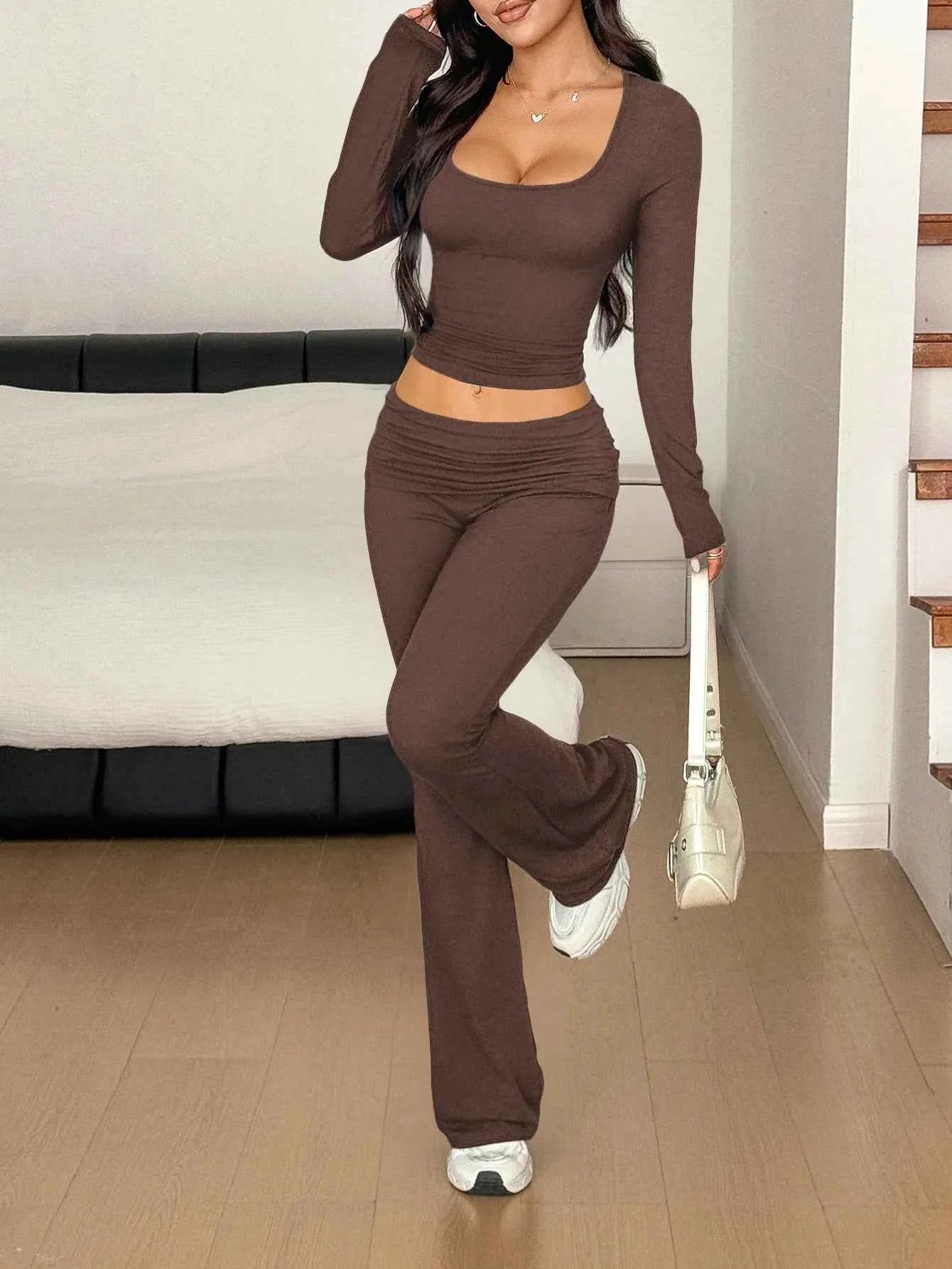 Long Sleeve Crop Top and Bootcut Pants Set