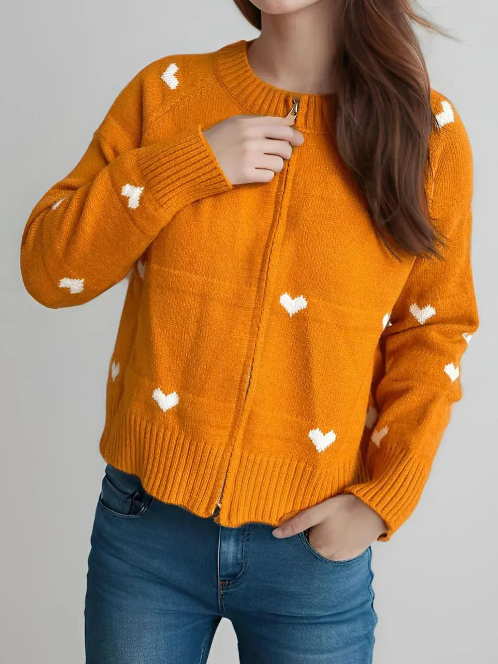 Heart Round Neck Zip Up Cardigan.