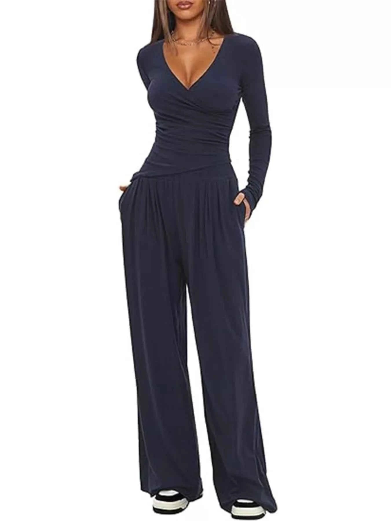 Casual Long Sleeve Top and Wide Leg Pants Set