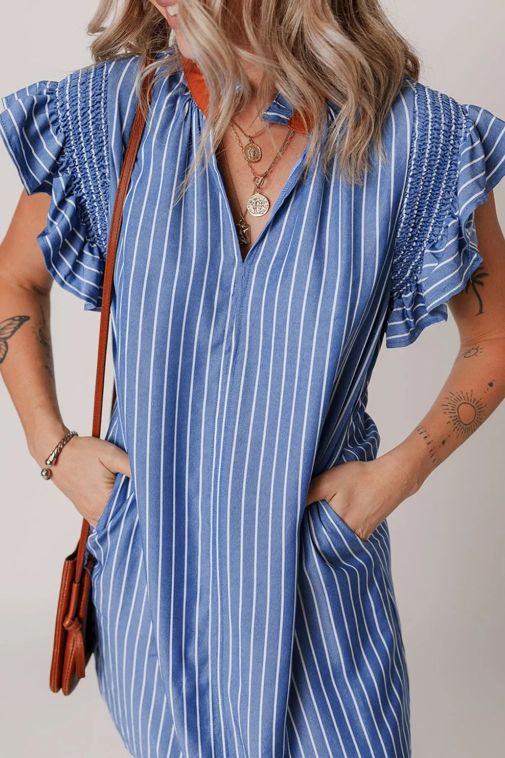 Stripe Frilly Split Neck Shirred Ruffle Sleeve Short Shift Dress.