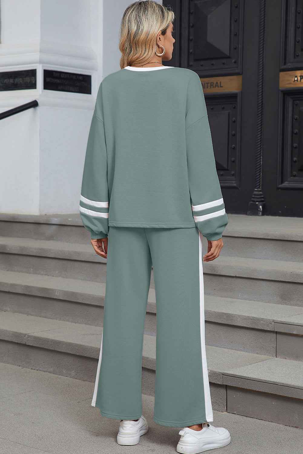 Blue Varsity Stripe Patchwork Puff Sleeve Pullover Drawstring Wide Leg Pant Set