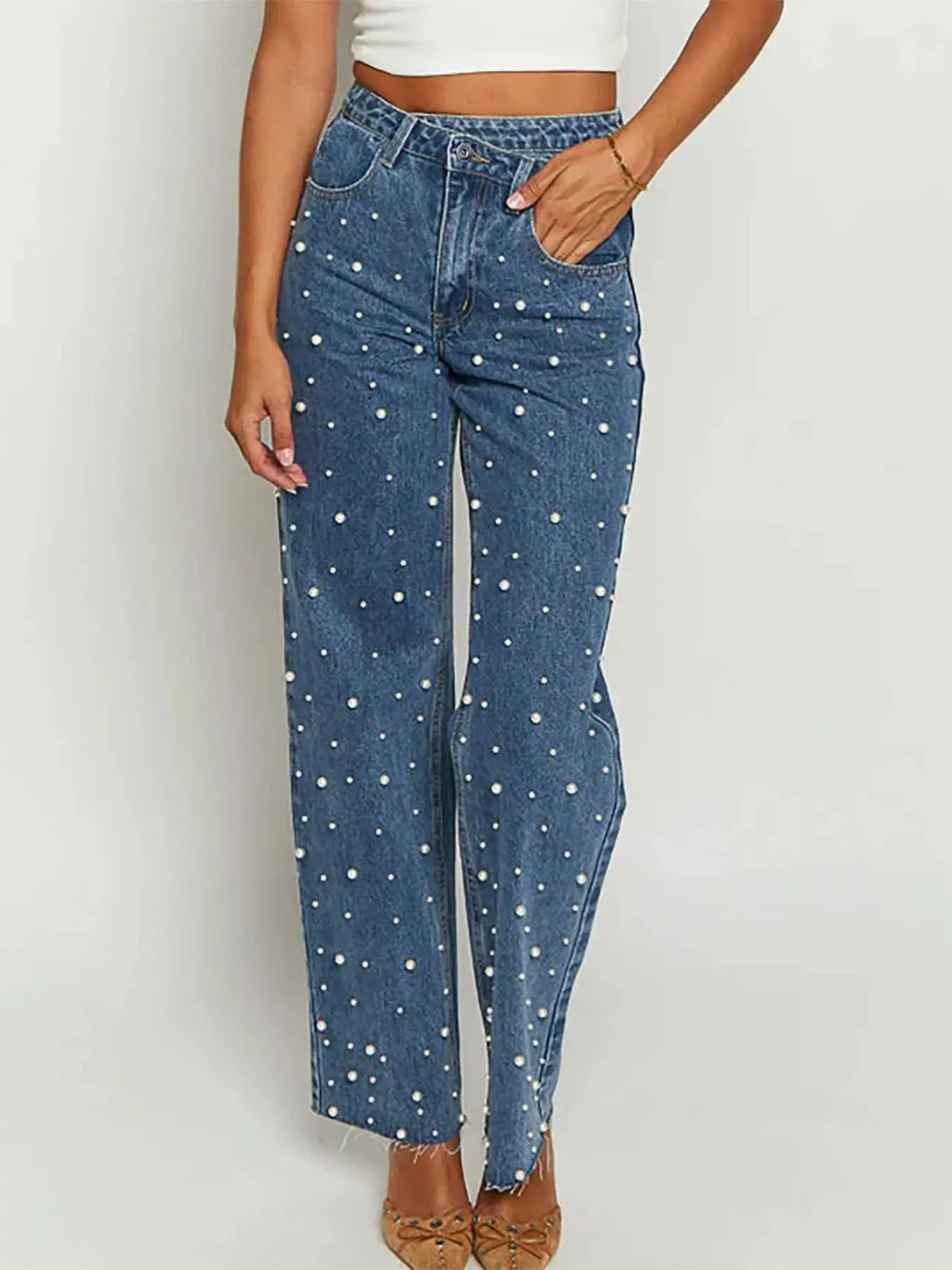 Pearl Embellished High Waist Straight Leg Jeans.