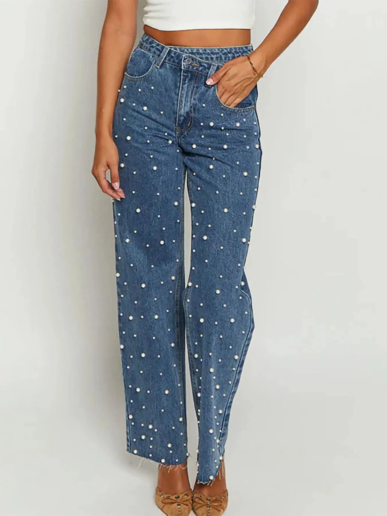 Pearl Embellished High Waist Straight Leg Jeans.