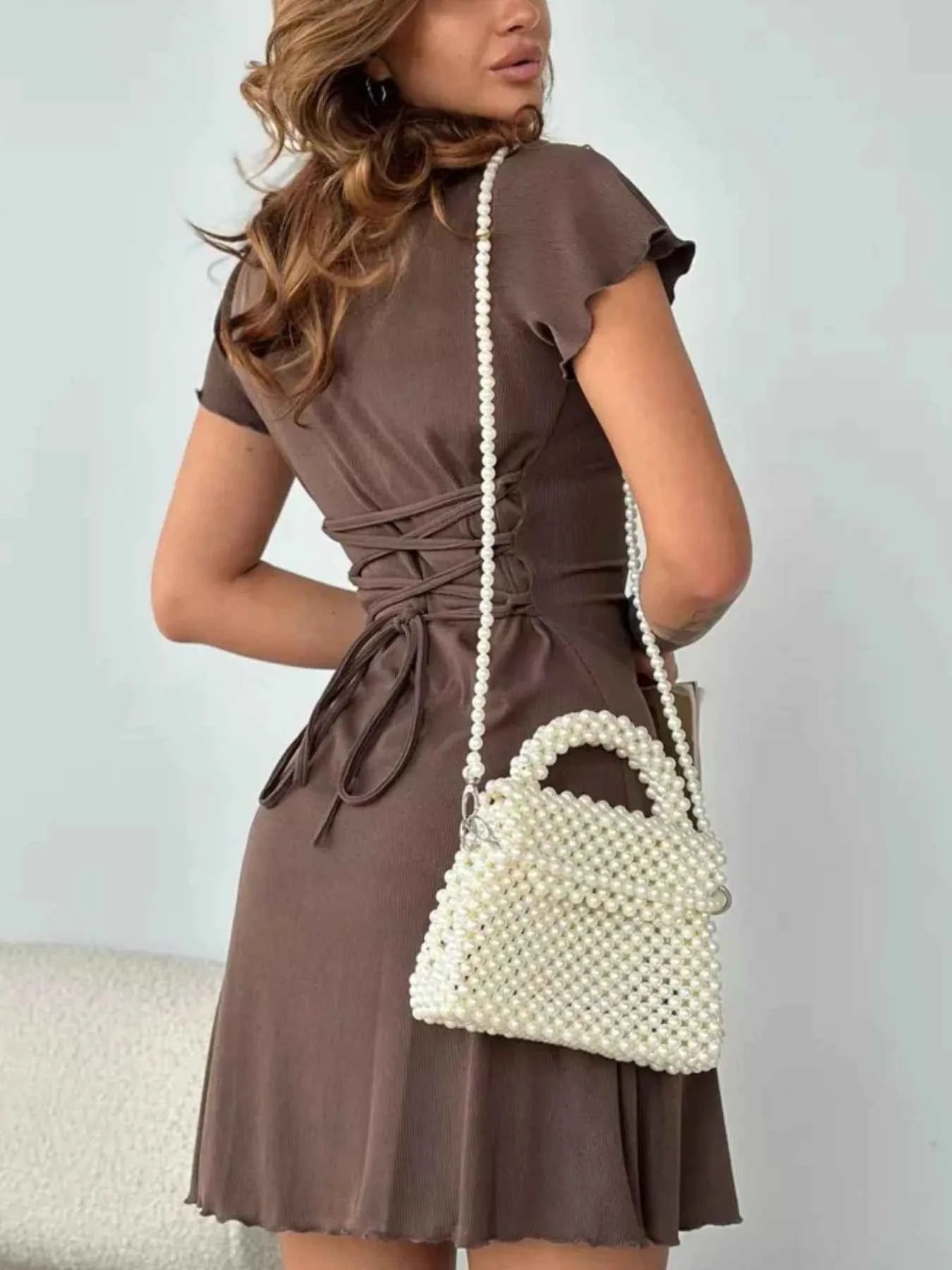 Ribbed Back Lace Up Short Sleeve Mini Dress