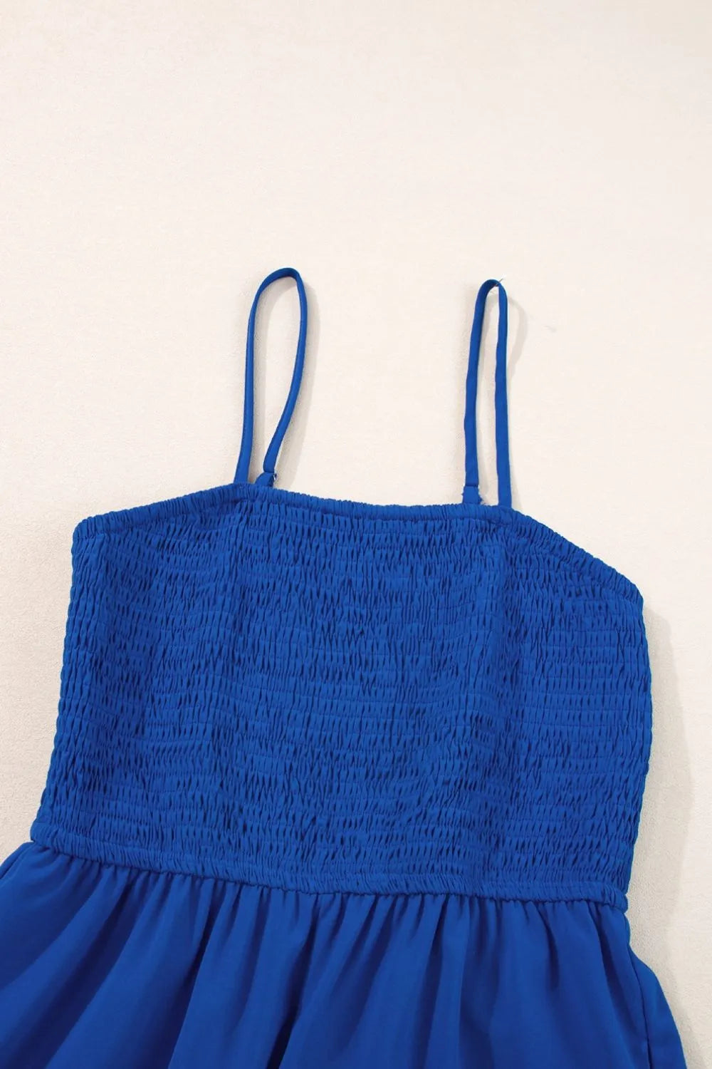 Spaghetti Straps Smocked Ruffled Wide Leg Jumpsuit.