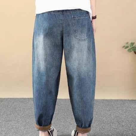 Retro Cartoon Owl Applique Embroidery Denim Pants Women Loose Plus Size Slimming Cuffed Ankle-Length Dad Harem Pants
