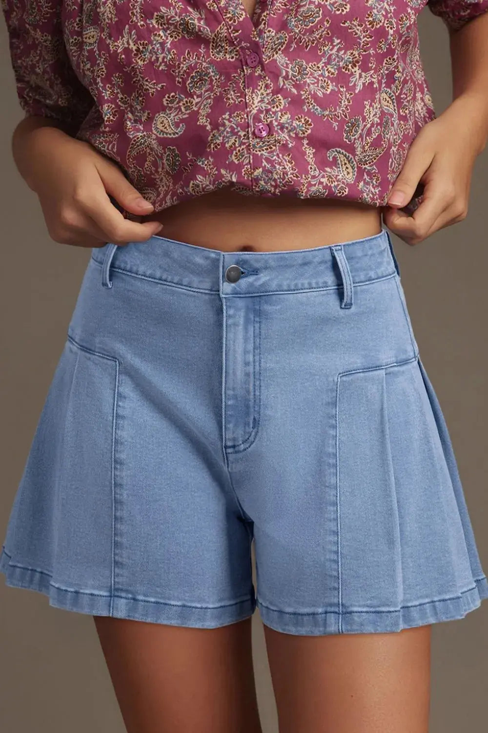 Pleated Patchwork Panel Lightweight Denim Shorts.