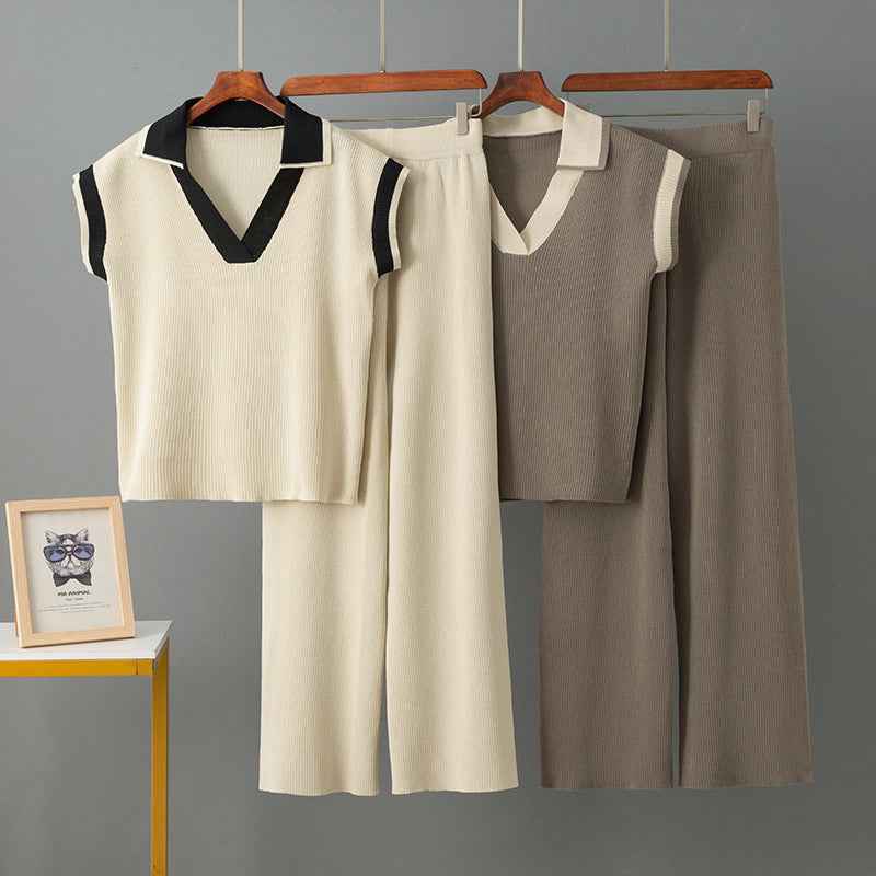 Solid Color Loose Sleeveless Knit Top + Sporty Fitted Wide-Leg Pants Two-Piece Set for Women