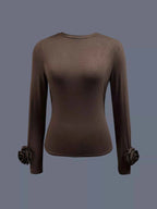 Womens Ruched Long Sleeve Top With Stretchy Floral Cuff Detail