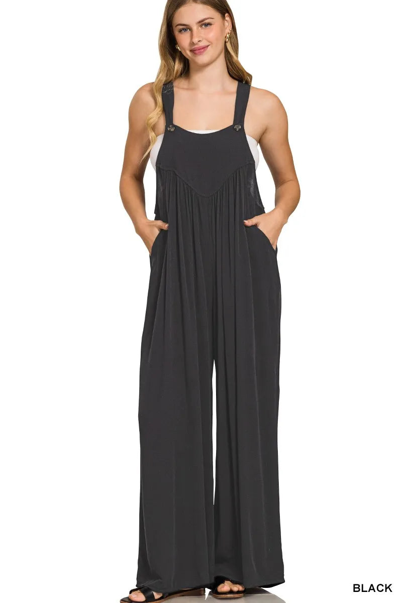 Zenana Woven Rayon Crepe Wide Leg Overalls.