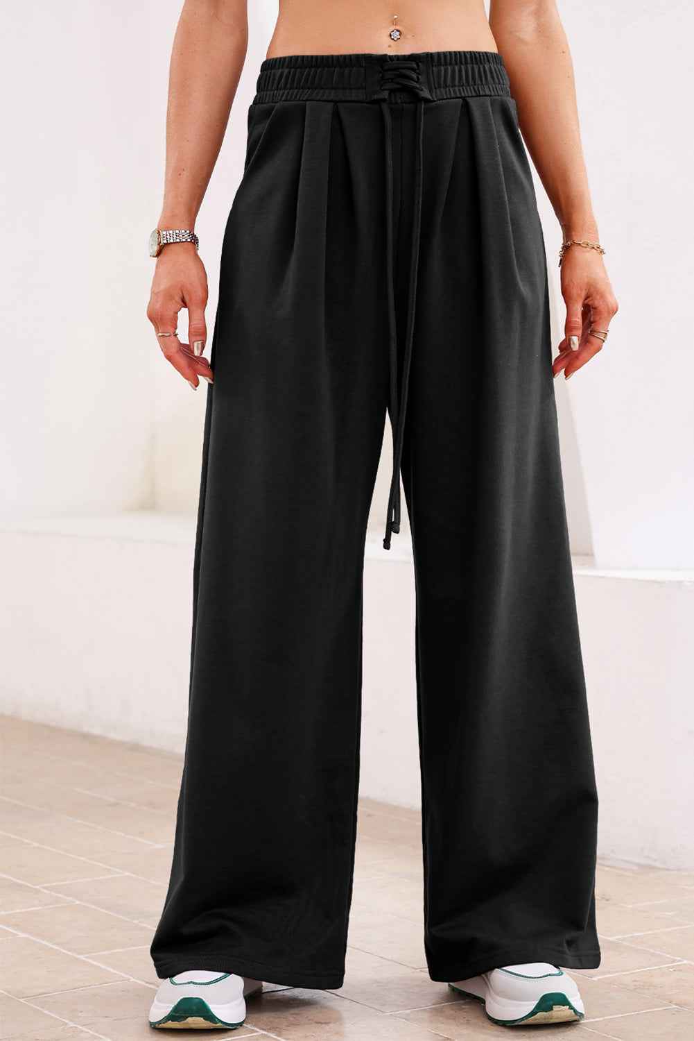 Dear Lovers Black Tied Elastic High Waist Pleated Detail Solid Sweatpants