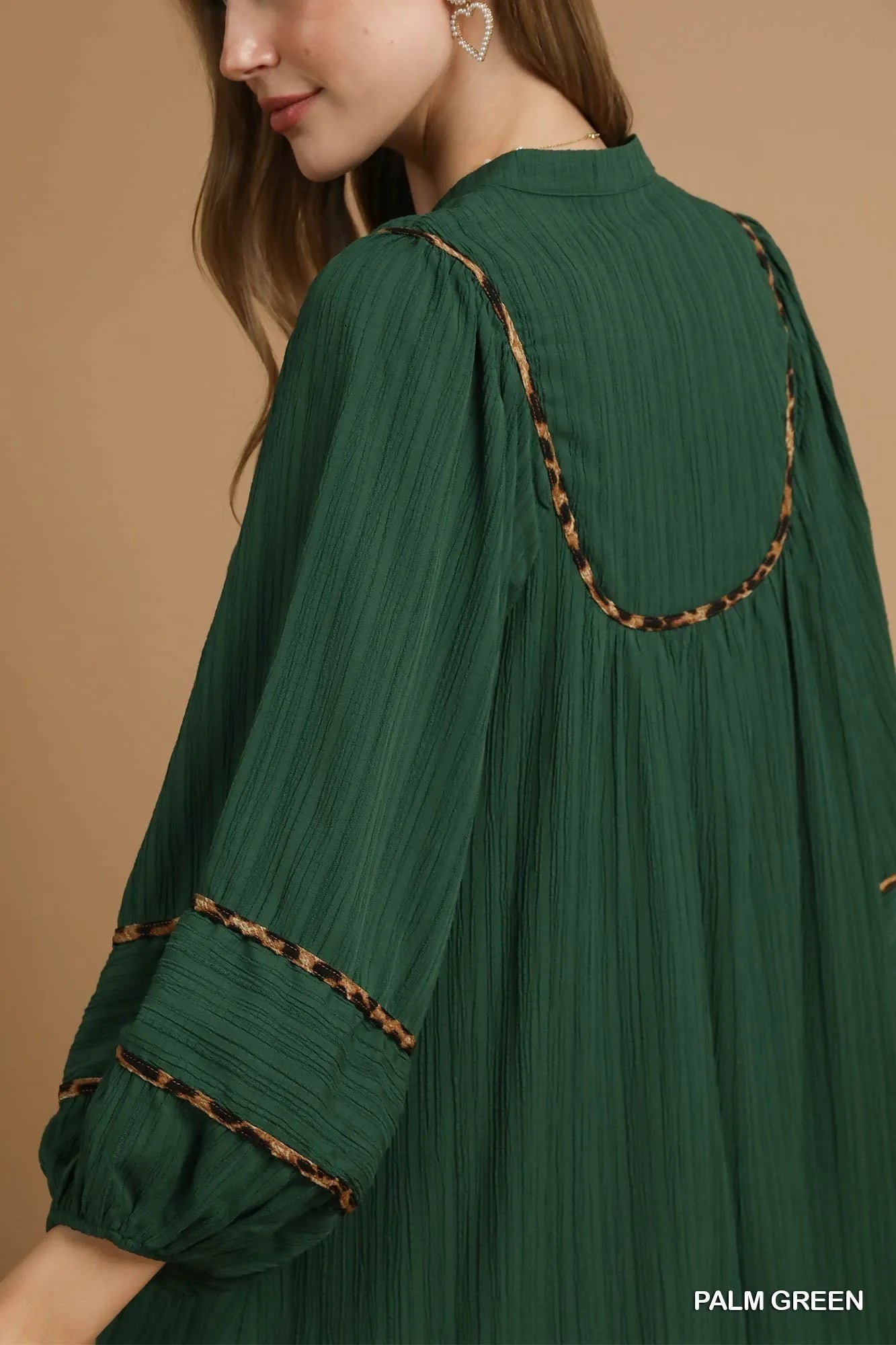 Umgee Textured Babydoll Dress with Leopard Trim.