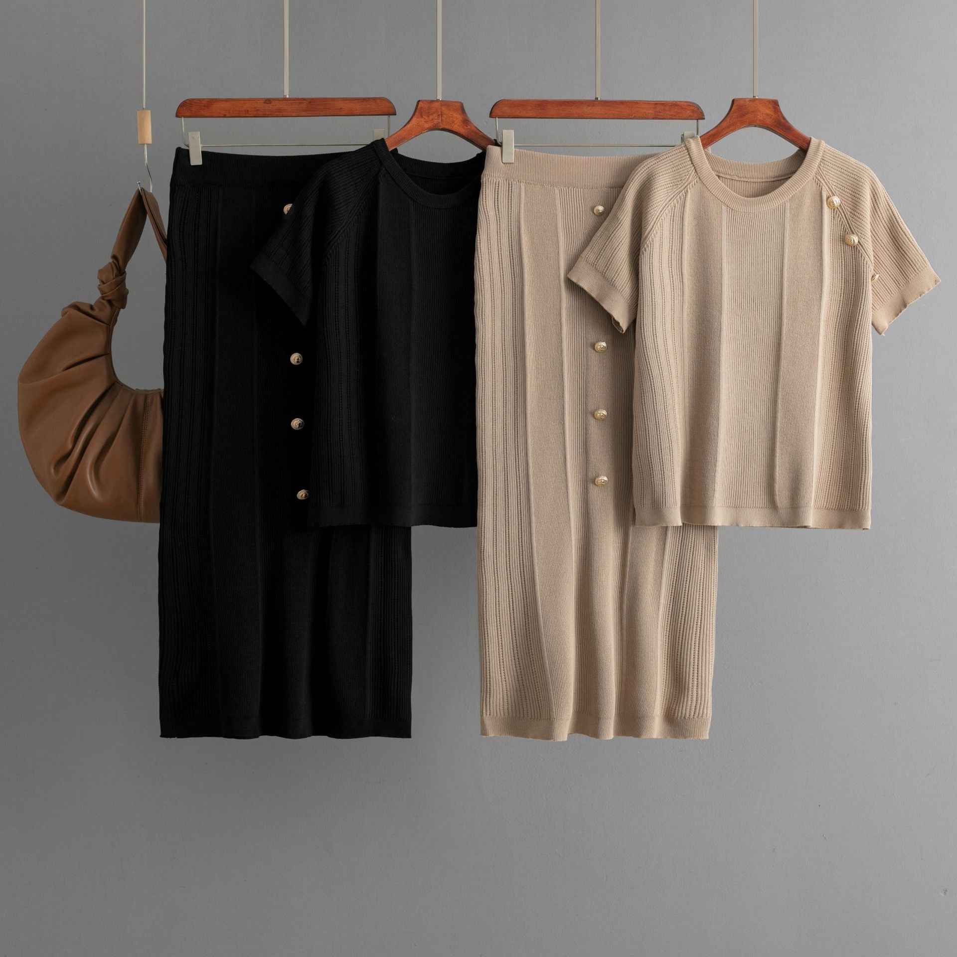 Round Neck Short Sleeve Button Decorated Top Set with Elastic Solid Color Knit Skirt Two-Piece Set
