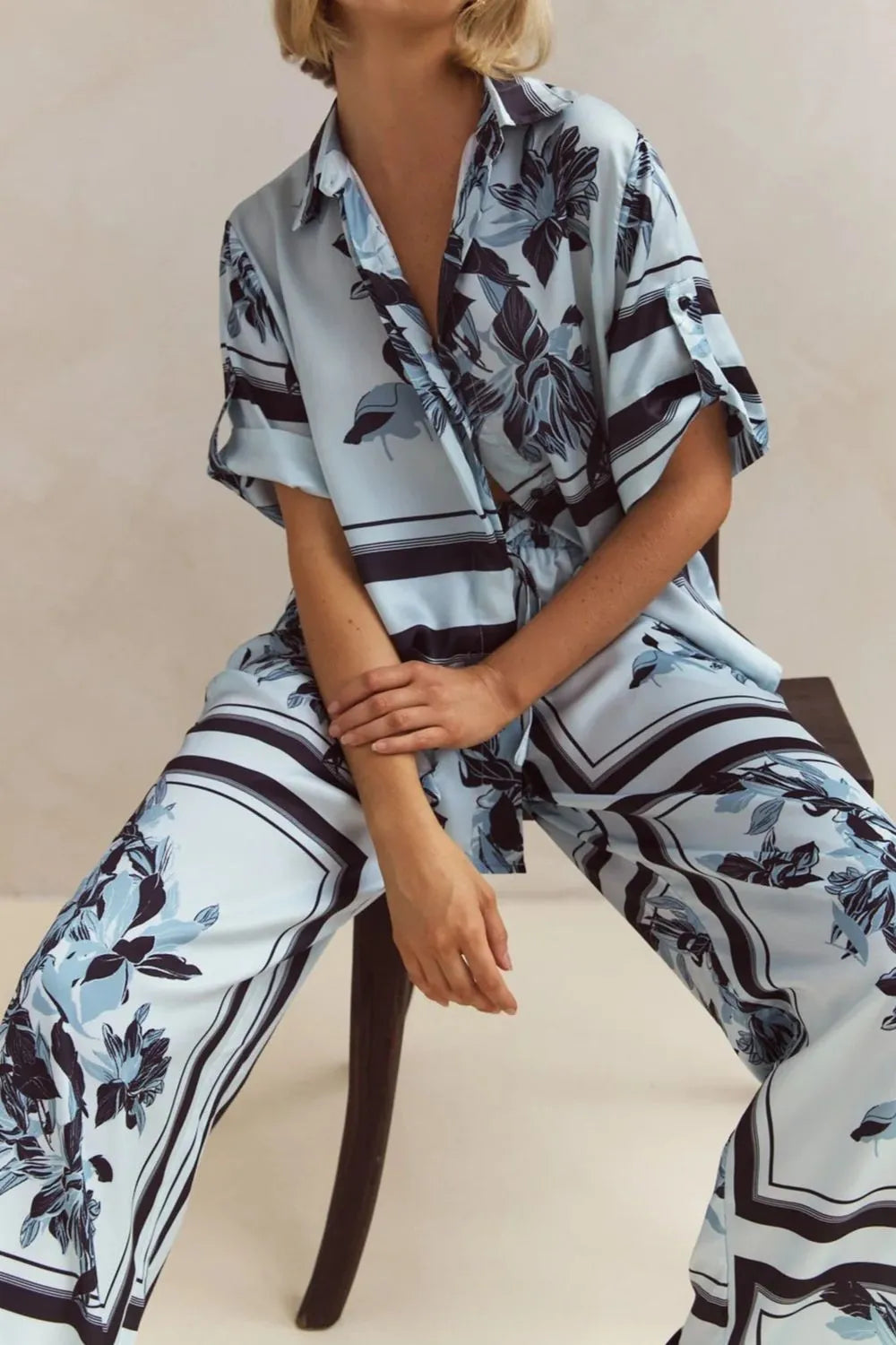 Printed Button Up Shirt and Pants Set - CHIC TB