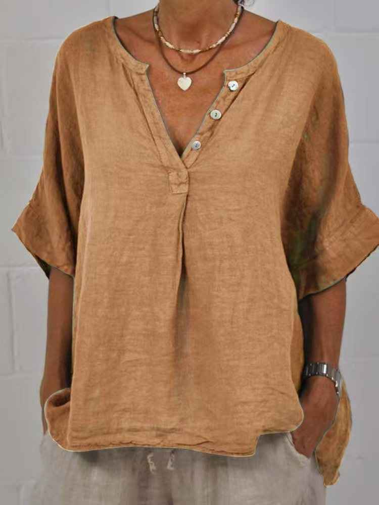 Cotton-linen Solid-color Door-cuff V-neck Button-up Shirt