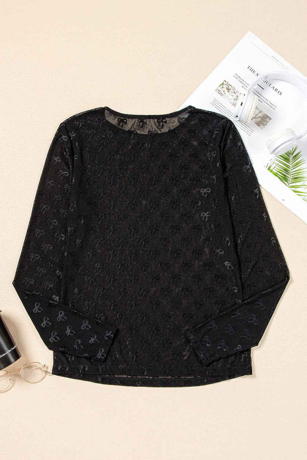 Black Mesh Bow Pattern Long Sleeve Top