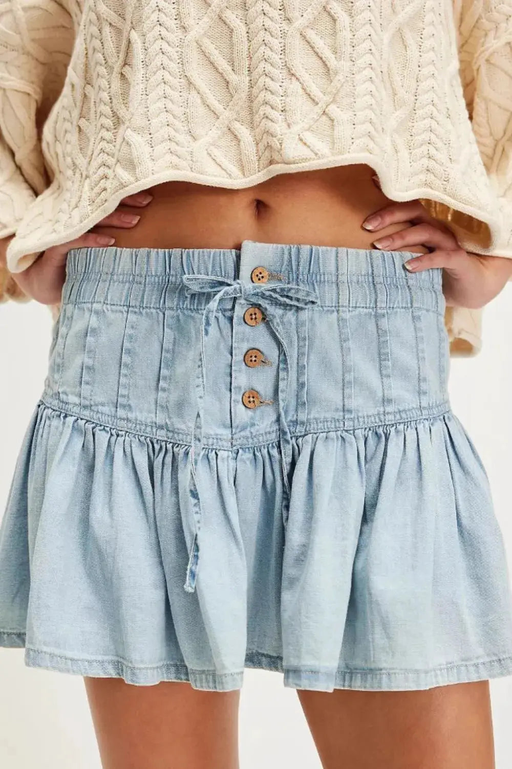 Buttoned Ruffled Mini Denim Skirt.