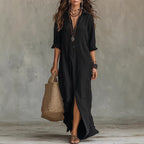 Summer Casual Solid Color Turn-Down Collar Front Slit Long Dress eprolo