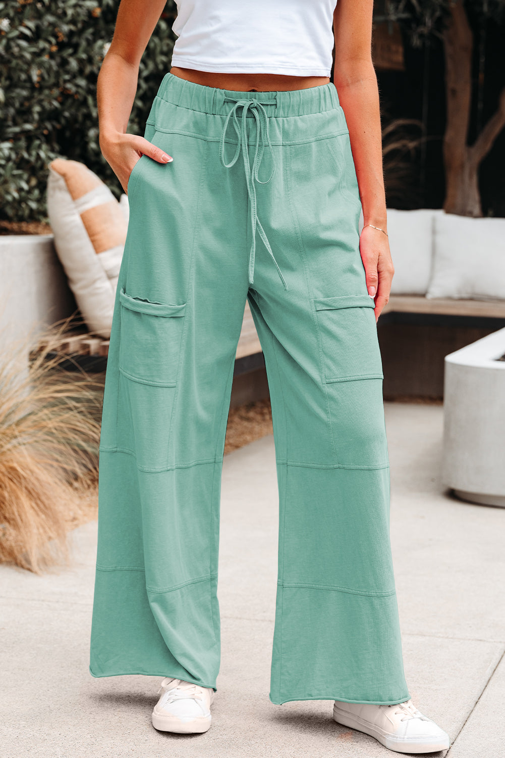 Mint Green Mineral Wash Exposed Seam Drawstring Elastic Waistband Wide Leg Cargo Pants Dear-Lover Dropshipping