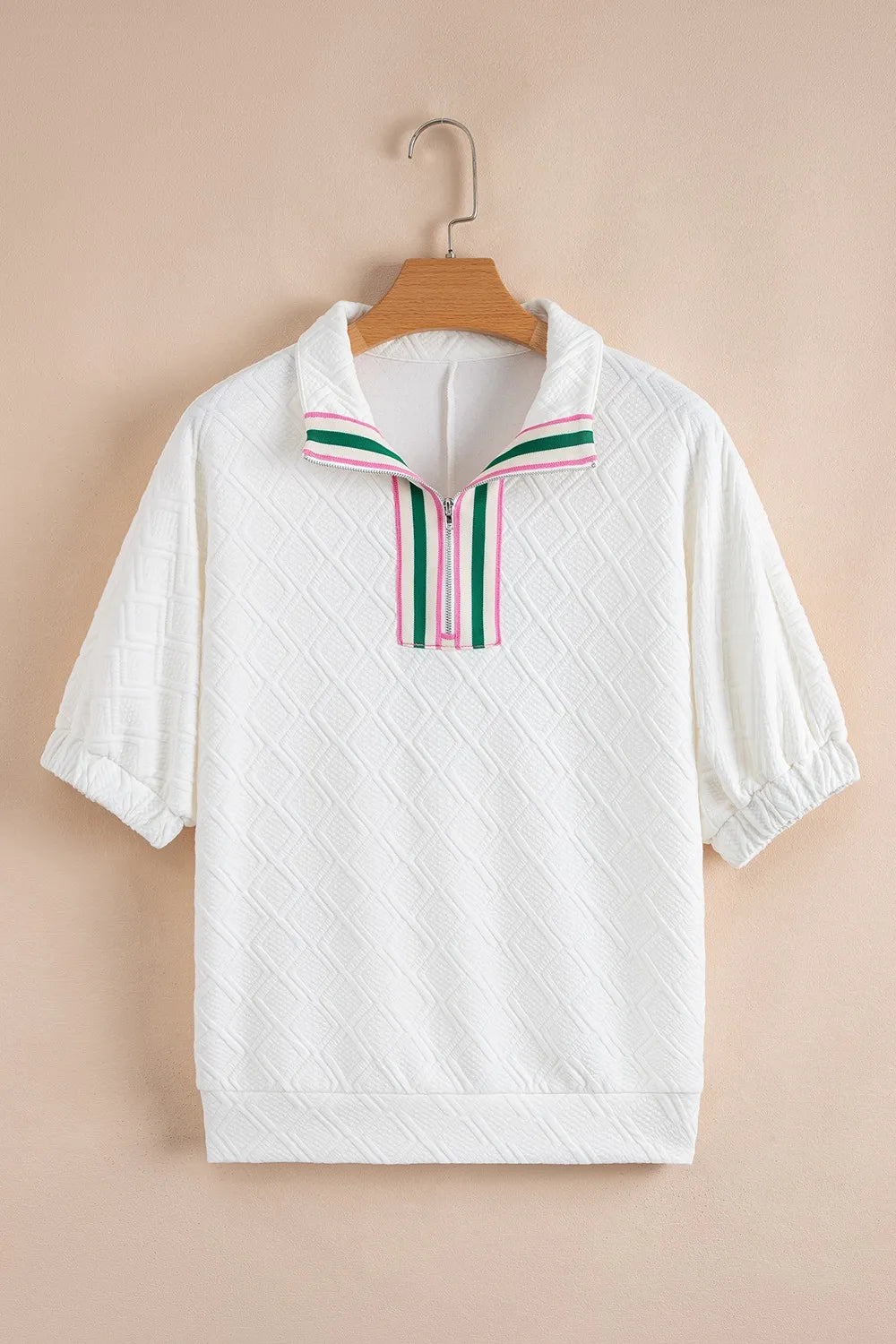 Contrast Striped Collar Patchwork Textured Half Sleeve Blouse.