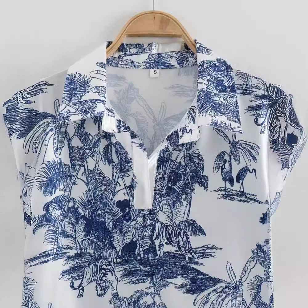 Blue and white printed tree shirt+printed two-piece casual pants set for women