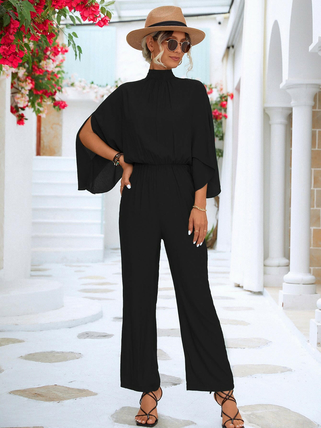 Tie Back Mock Neck Split Sleeve Jumpsuit.