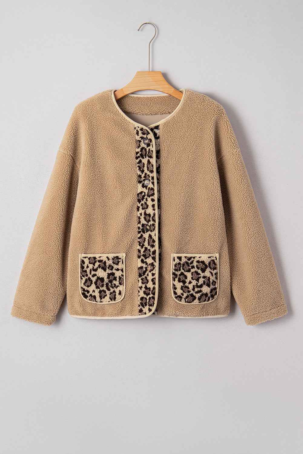 Casual Leopard Print Accent Plush Jacket with Pockets