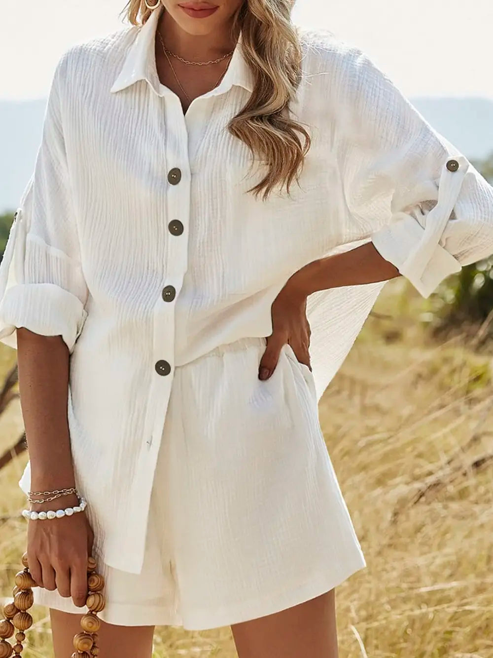 Texture Button Up Shirt and Shorts Set - CHIC TB