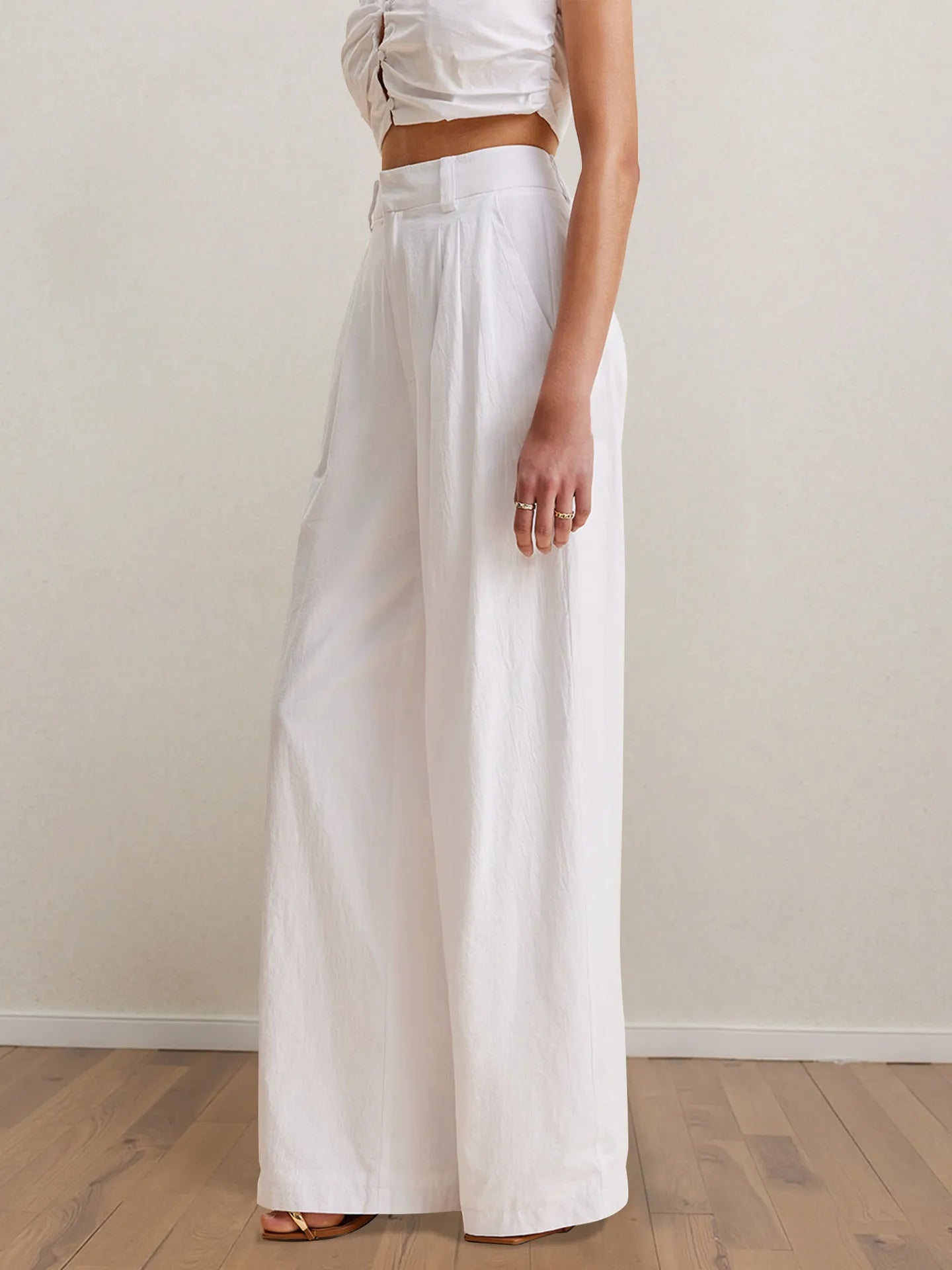 Strapless Peplum Top and Wide Leg Pants Set.