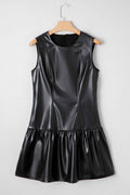 Black Faux Leather Ruffle Hem Sleeveless Mini Dress