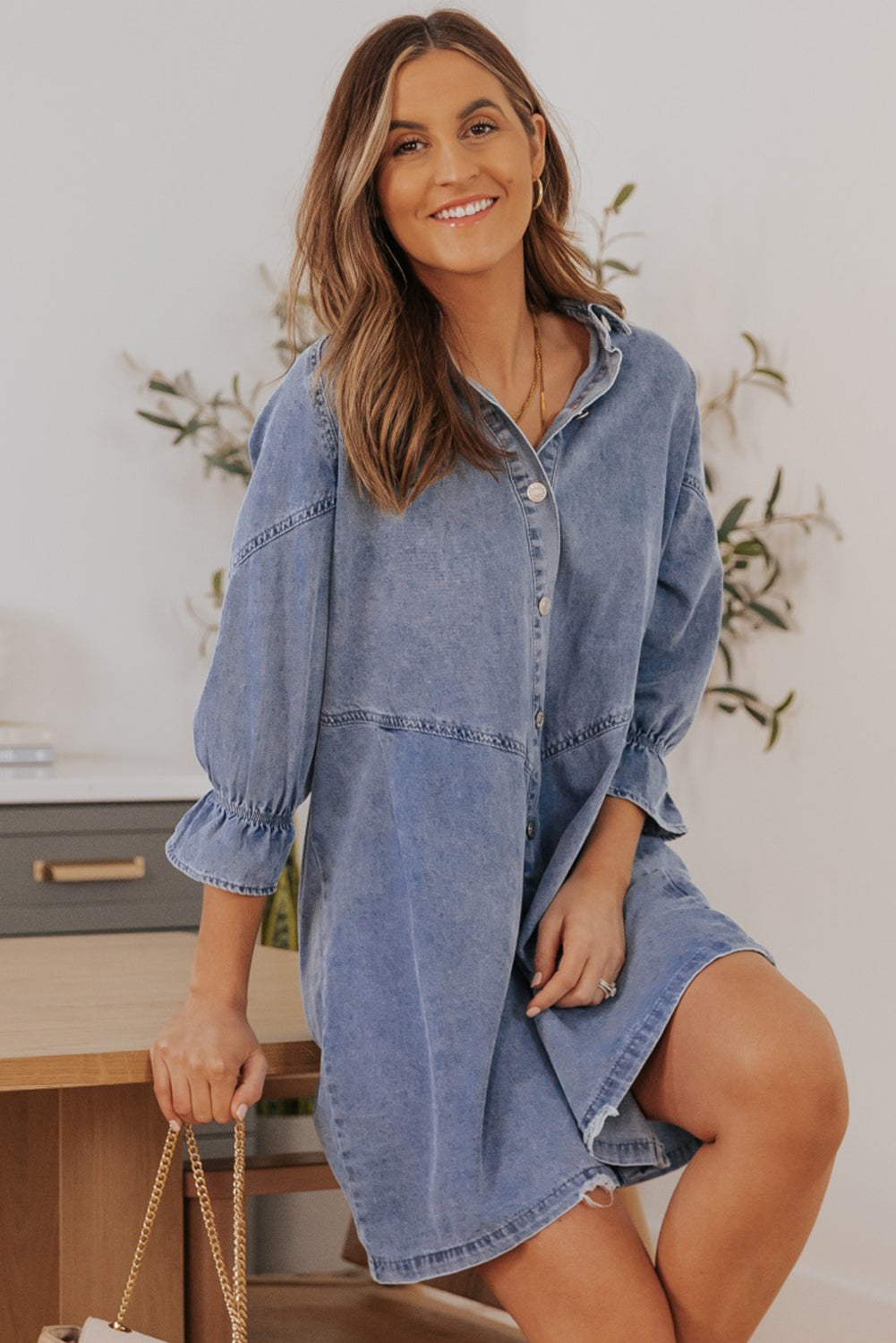 Sky Blue Buttoned Long Sleeve Denim Mini Dress Dear-Lover Dropshipping