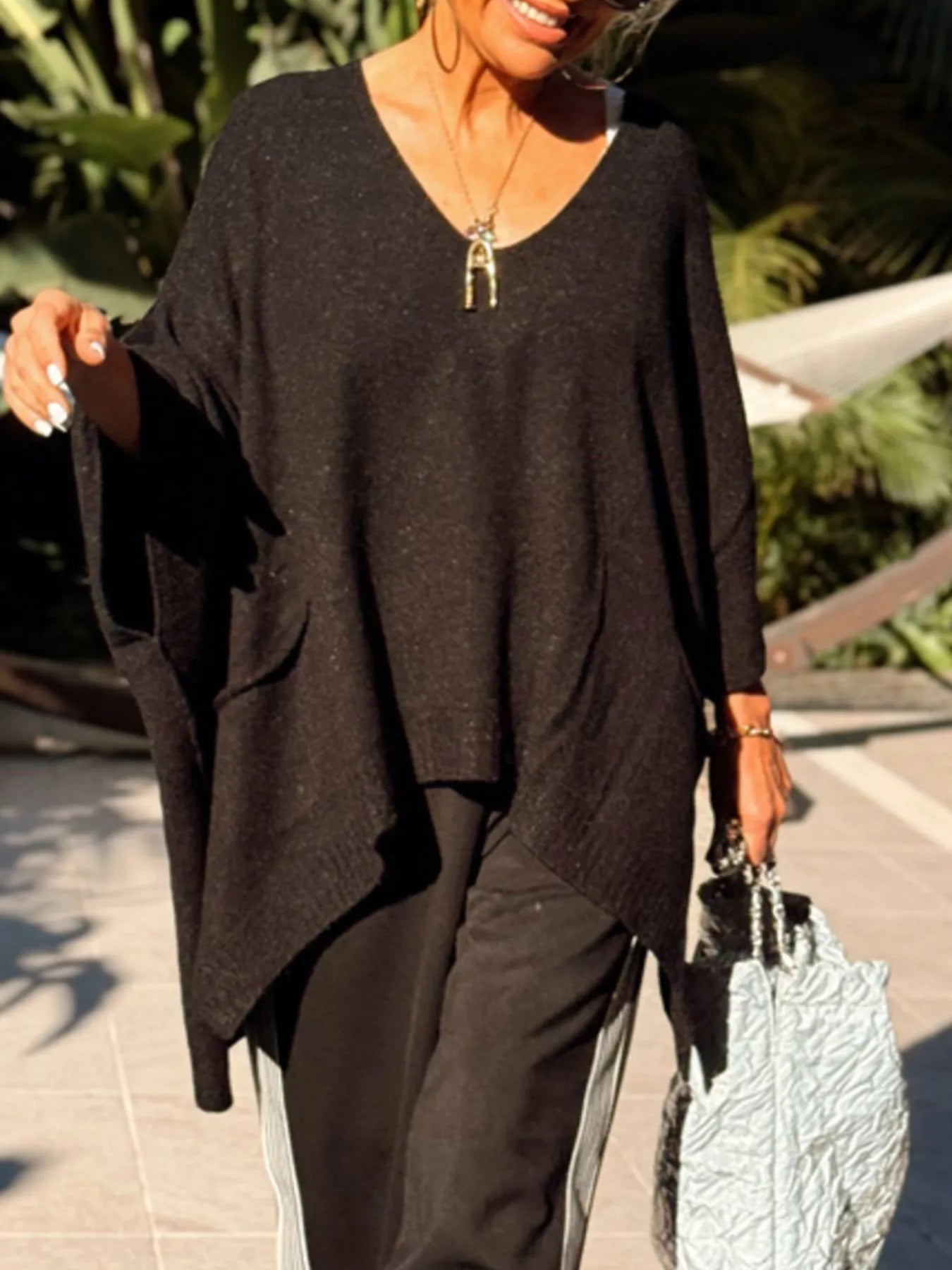 Ribbed Hem V-Neck Sweater.