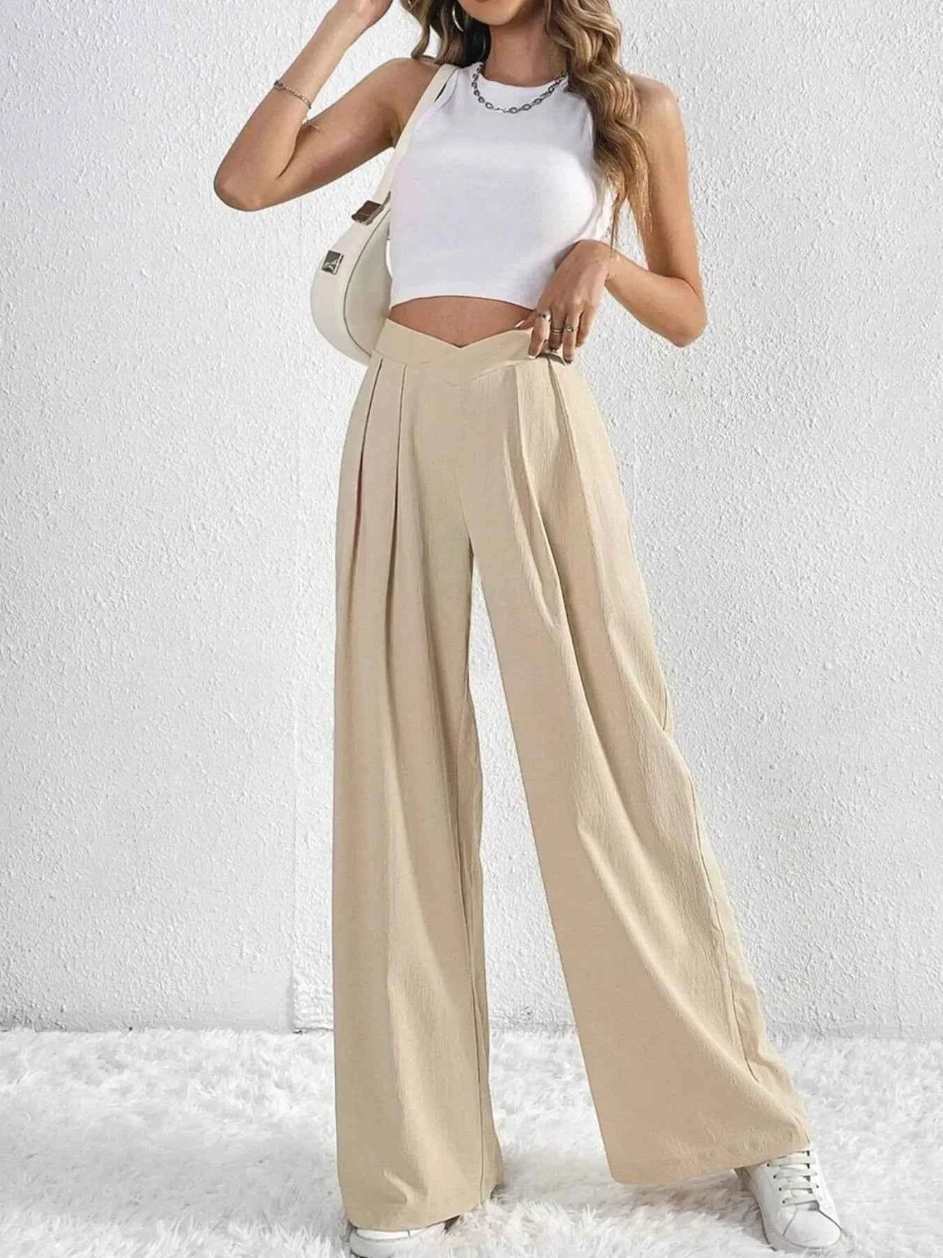 V-Waisted Ruched Front Wide Leg Pants.
