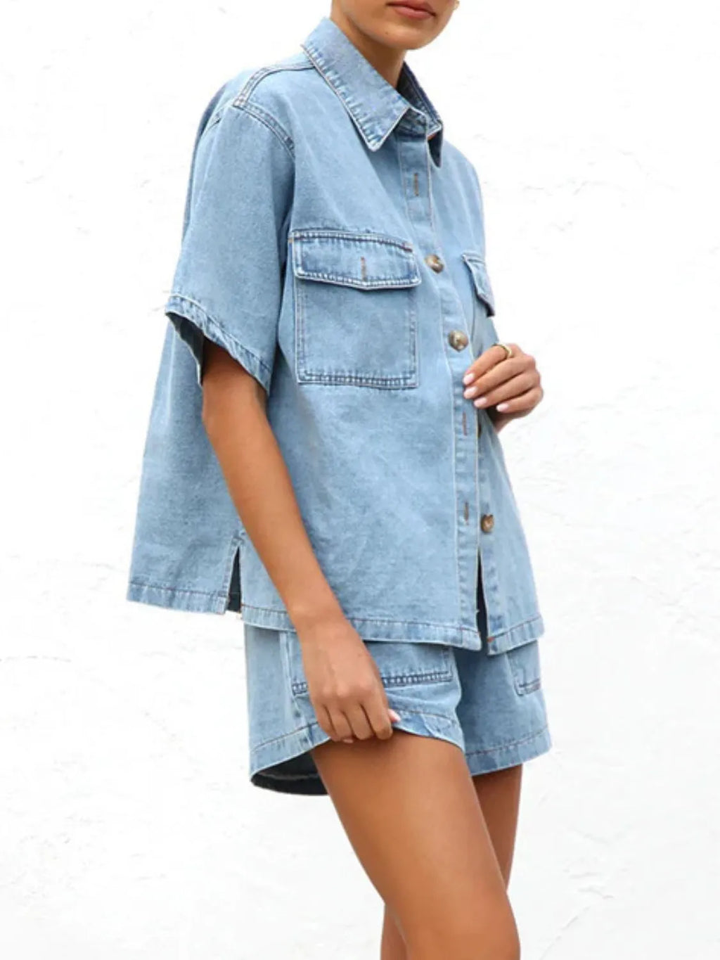 Button Up Short Sleeve Top and Shorts Denim Set.