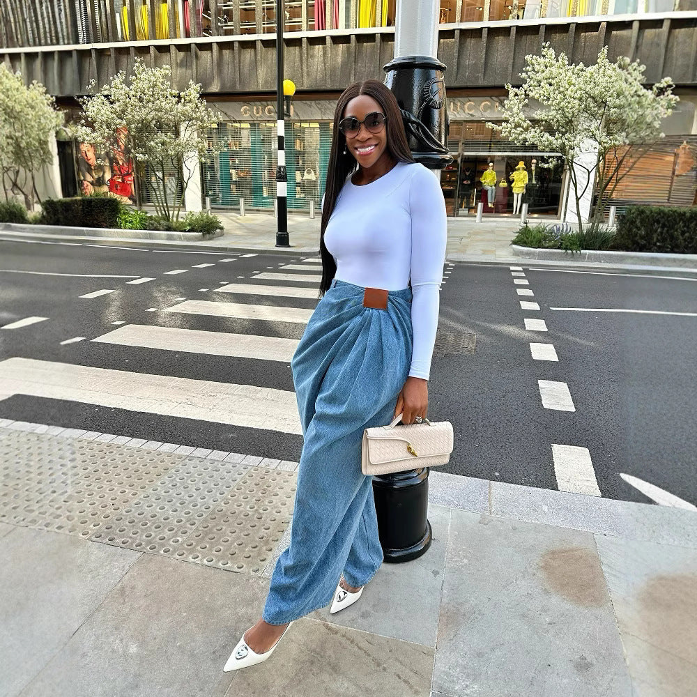 Street Style High-Waisted Wide-Leg Washed Denim Pants for Women eprolo